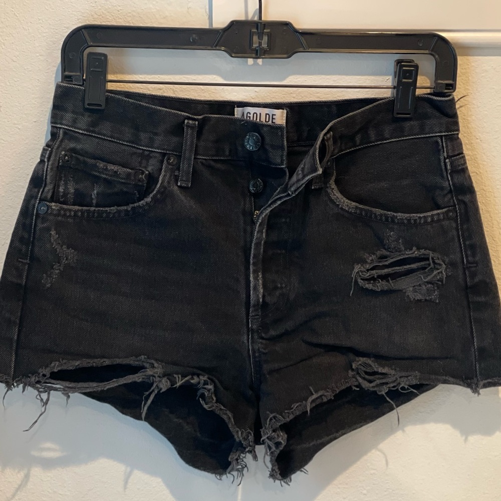 AGOLDE black denim shorts, distressed. Sz 25